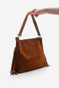 Kadın Hakiki Deri Püsküllü Omuz Çantası Soliga - Taba Süet