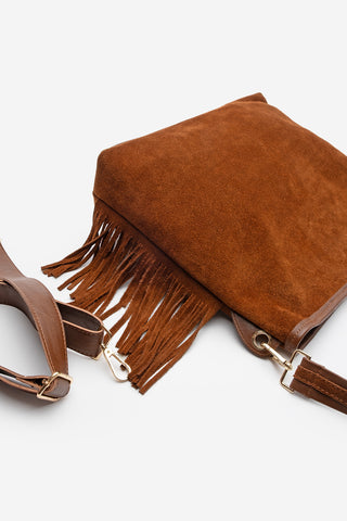 Kadın Hakiki Deri Püsküllü Omuz Çantası Soliga - Taba Süet