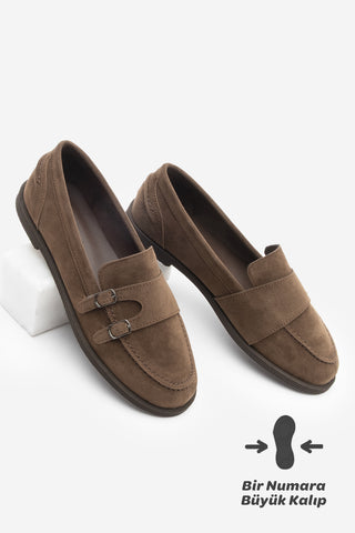 Kadın Loafer Tokalı Çift Bantlı Günlük Ayakkabı Ovora - Kahve Süet