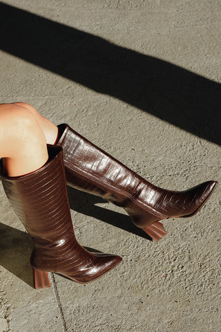 Kadın Sivri Burun Topuklu Çizme Alenta - Kahve Croco