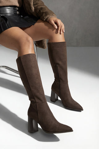 Kadın Sivri Burun Topuklu Çizme Mortez - Kahve Süet