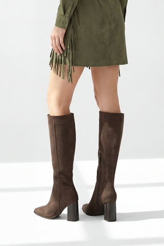 Kadın Sivri Burun Topuklu Çizme Mortez - Kahve Süet