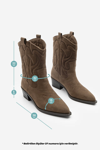 Kadın Sivri Burun Nakışlı Western Bot Nilva - Kahve Süet