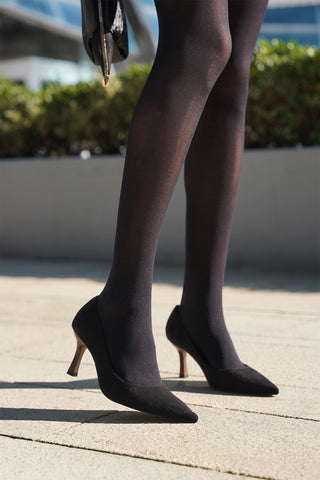 Kadın Stiletto Ahşap Desenli Ökçe Topuklu Ayakkabı Zonar - Siyah Süet