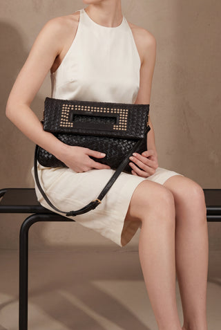 Kadın Zımbalı Clutch & Portföy El Ve Omuz Çantası Panes - Siyah