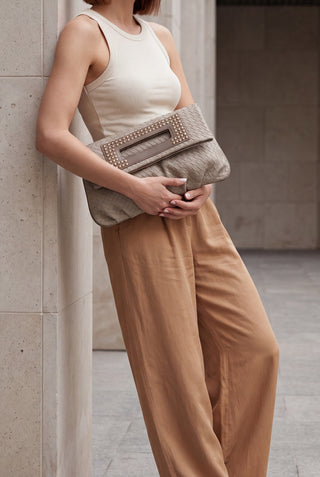 Kadın Zımbalı Clutch & Portföy El Ve Omuz Çantası Panes - Vizon