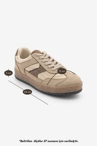 Kadın Çok Parçalı Süet Dokulu Retro Taban Bağcıklı Günlük Sneaker Mavel - Bej Süet