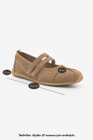 Kadın Çift Bantlı Mary Jane Günlük Spor Babet Sneaker Meliro - Camel Süet