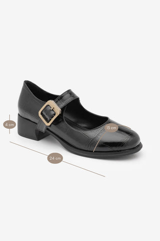 Kadın Tokalı Kalın Topuk Günlük Ayakkabı Loafer Meniz - Siyah Croco