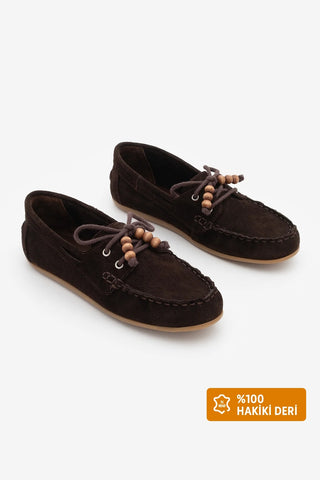 Kadın Hakiki Deri Boncuklu Loafer Günlük Ayakkabı Milton - Kahve Süet