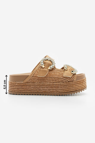 Kadın Taşlı Hasır Günlük Terlik Fivora - Taba Hasır