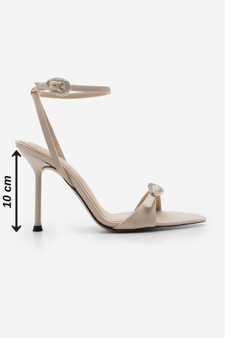 Kadın Sivri Burun Taşlı Topuklu Sandalet Bileza - Bej Saten