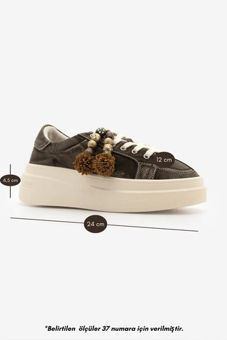 Kadın Sneaker  Çıkarılabilir Boncuklu Tokalı Spor Ayakkabı Pevosa - Kahve Kot