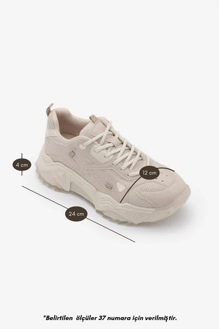 Kadın Sneaker Kalın Taban Bağcıklı Spor Ayakkabı Pizen - Bej