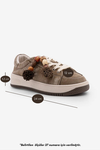 Kadın Sneaker Denim Çıkarılabilir Boncuklu Tokalı Spor Ayakkabı Porento - Bej Kot