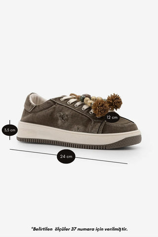 Kadın Sneaker Denim Çıkarılabilir Boncuklu Tokalı Spor Ayakkabı Porento - Kahve Kot