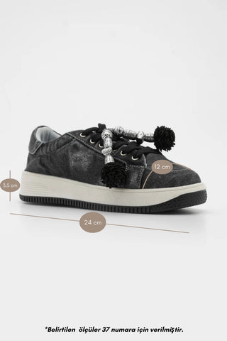 Kadın Sneaker Denim Çıkarılabilir Boncuklu Tokalı Spor Ayakkabı Porento - Siyah Kot