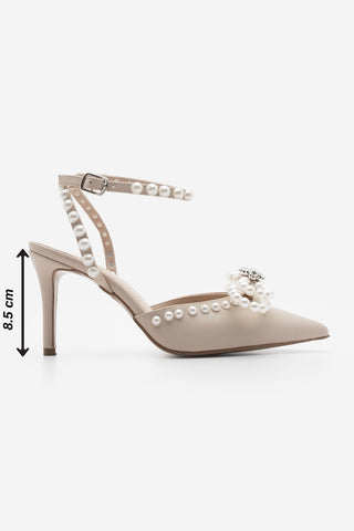Kadın Stiletto İncili Taşlı Topuklu Ayakkabı Robis - Bej