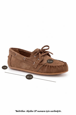 Kadın Hakiki Deri Bağcıklı Makosen Büzgülü Loafer Günlük Ayakkabı Rudez - Camel Süet