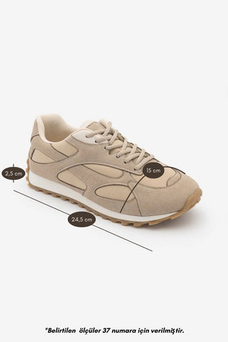 Kadın Süet Detaylı Bağcıklı Günlük Sneaker Sabite - Bej Süet