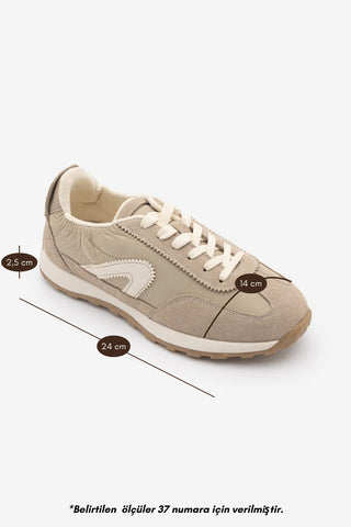 Kadın Bağcıklı Süet & Büzgü Detaylı Sneaker Sameri - Bej Süet