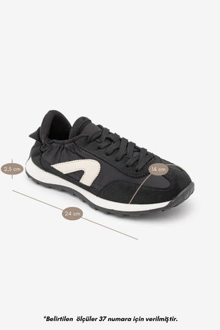 Kadın Bağcıklı Süet & Büzgü Detaylı Sneaker Sameri - Siyah Süet