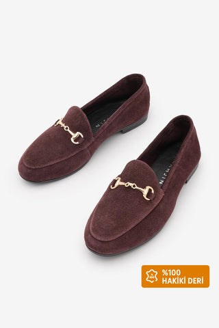 Kadın Hakiki Deri Zincirli Loafer Ayakkabı Tanle - Bordo Süet