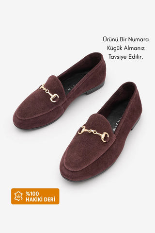 Kadın Hakiki Deri Zincirli Loafer Ayakkabı Tanle - Bordo Süet