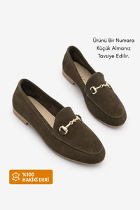 Kadın Hakiki Deri Zincirli Loafer Günlük Ayakkabı Tanle - Haki Süet