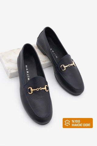 Kadın Hakiki Deri Zincirli Loafer Ayakkabı Tanle - Koyu Lacivert