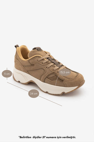 Kadın Süet Dokulu Bağcıklı Günlük Sneaker Terita - Camel Süet