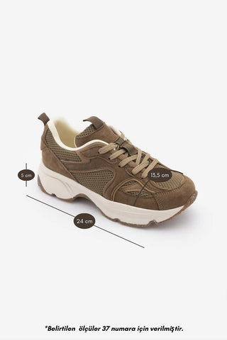 Kadın Süet File Detaylı Çok Parçalı Kalın Taban Bağcıklı Günlük Sneaker Terita - Tütün Kahve Süet