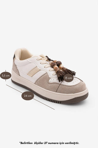 Kadın Sneaker Çıkarılabilir Boncuklu Tokalı Süet Spor Ayakkabı Tivali - Bej