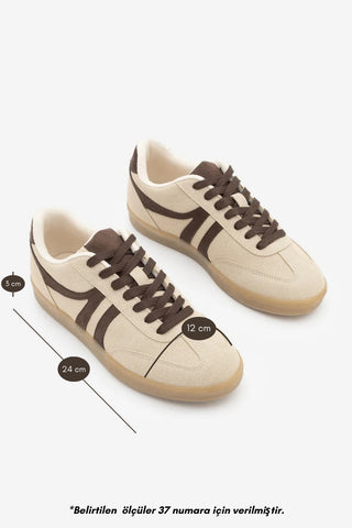 Kadın Sneaker Bağcıklı Spor Ayakkabı Tiyone - Bej Süet