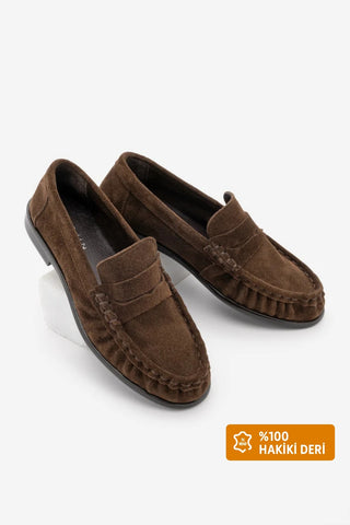 Kadın Hakiki Deri Büzgülü Makosen Loafer Günlük Ayakkabı Velron - Açık Kahve Süet