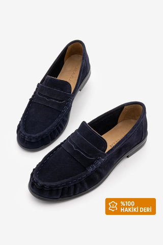 Kadın Hakiki Deri Büzgülü Makosen Loafer Günlük Ayakkabı Velron - Lacivert Süet