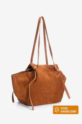 Kadın Hakiki Deri Shopper El Ve Omuz Çantası Yorita - Taba Süet