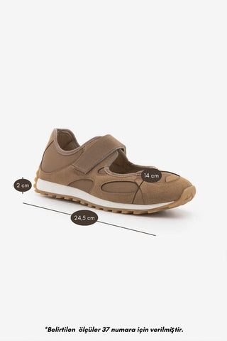 Kadın Mary Jane Sneaker Bantlı Süet Detaylı Günlük Spor Babet Sneaker Yotina - Camel Süet