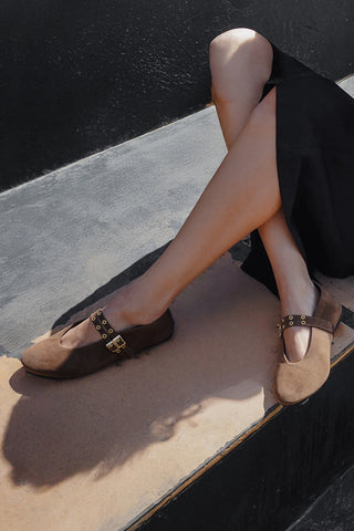 Kadın Çift Bantlı Babet Bekosa - Kahve Süet