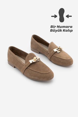 Kadın Loafer Hakiki Deri Tokalı Günlük Ayakkabı Nador - Camel Süet