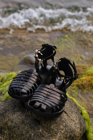 Kadın Hakiki Deri Eva Taban Günlük Sandalet Demes - Siyah