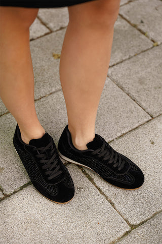 Kadın Sneaker Taşlı Spor Ayakkabı Dorni - Siyah Süet