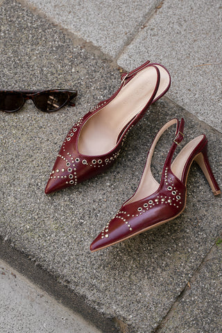 Kadın Stiletto Sivri Burun Zımbalı Troklu Topuklu Ayakkabı Lorfi - Bordo