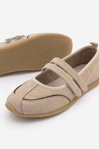 Kadın Çift Bantlı Mary Jane Günlük Spor Babet Sneaker Meliro - Bej Süet