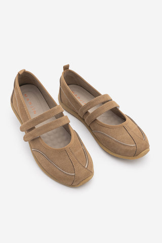 Kadın Çift Bantlı Mary Jane Günlük Spor Babet Sneaker Meliro - Camel Süet