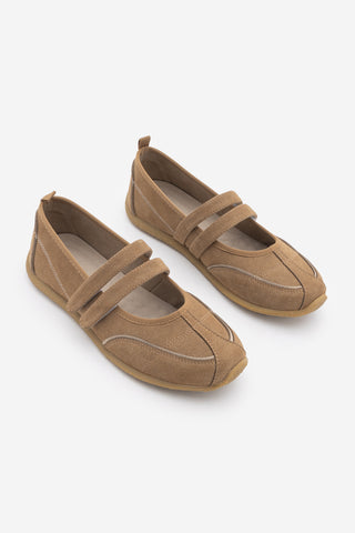 Kadın Çift Bantlı Mary Jane Günlük Spor Babet Sneaker Meliro - Camel Süet
