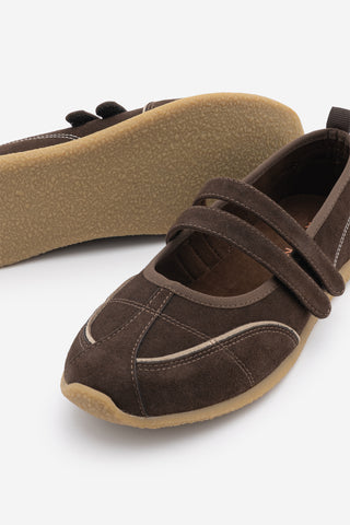 Kadın Çift Bantlı Mary Jane Günlük Spor Babet Sneaker Meliro - Kahve Süet