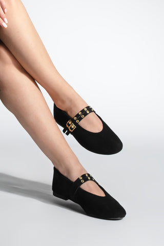 Kadın Çift Bantlı Babet Bekosa - Siyah Süet