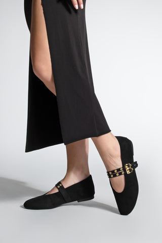 Kadın Çift Bantlı Babet Bekosa - Siyah Süet