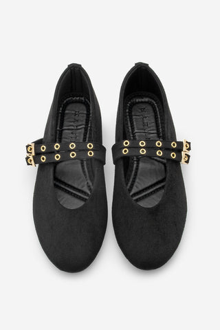 Kadın Çift Bantlı Babet Bekosa - Siyah Süet